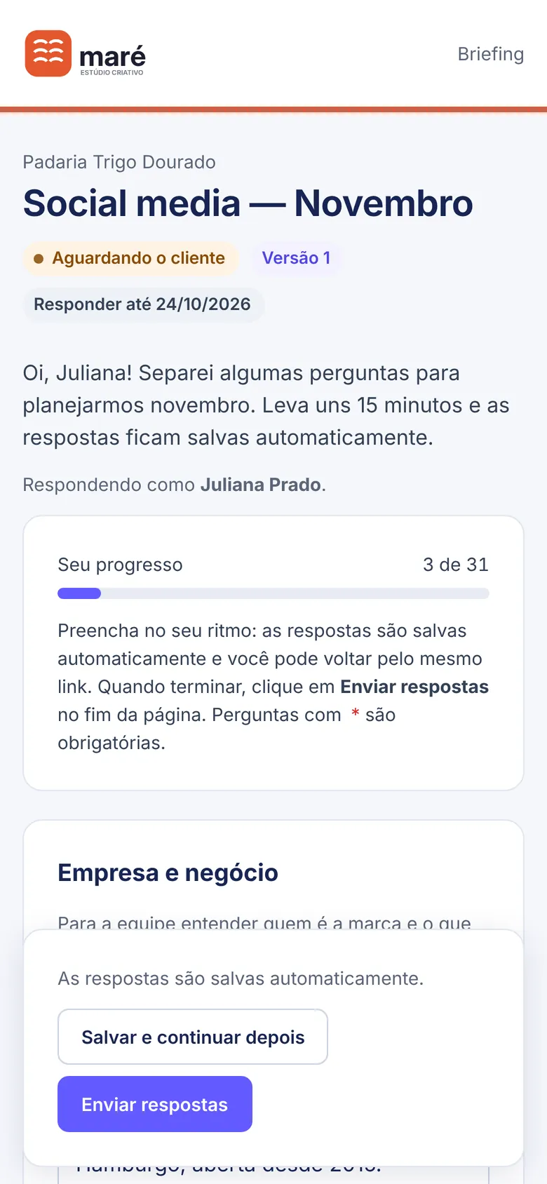 Progresso das respostas.