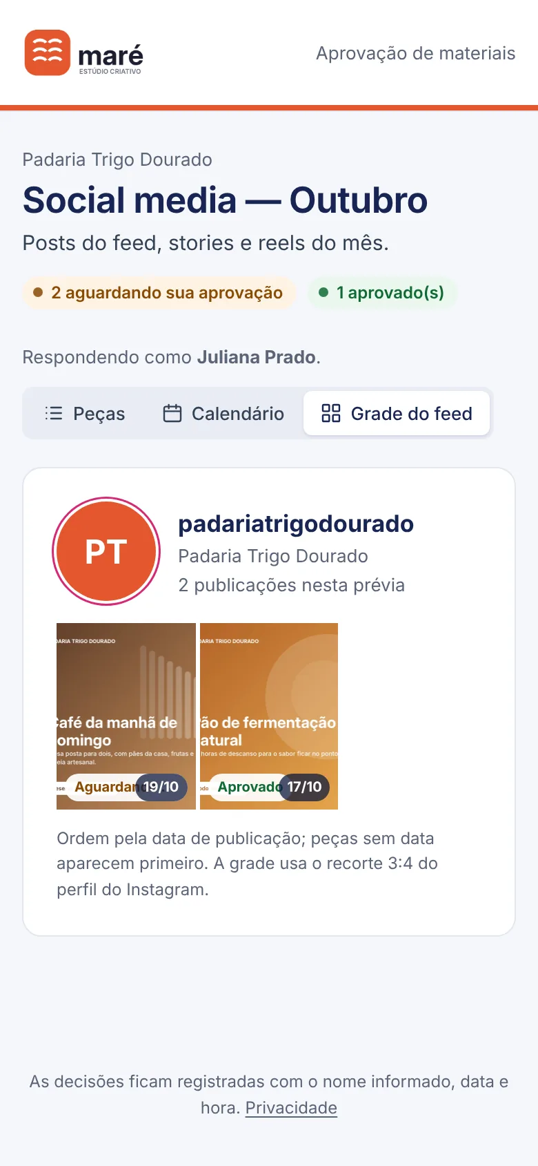 A grade na página do cliente.