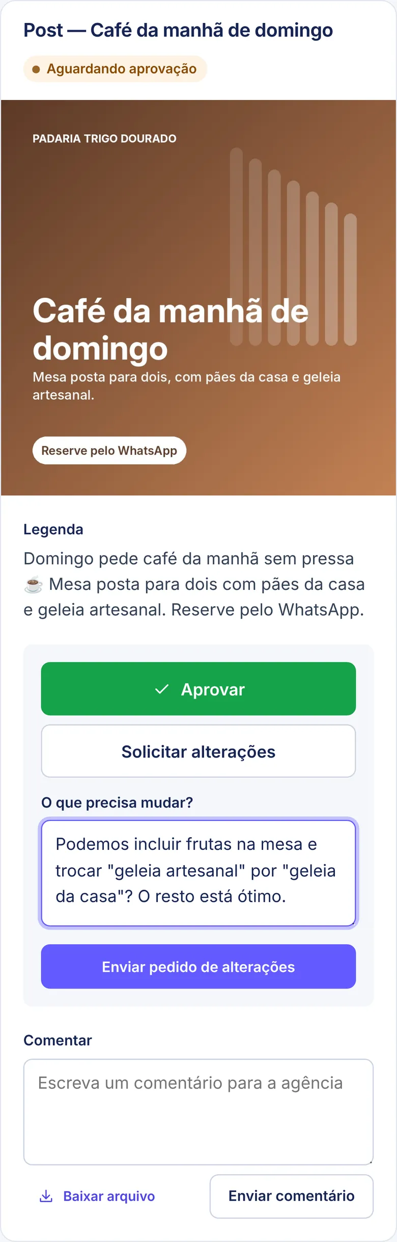 Pedido de alteração com a descrição do ajuste.