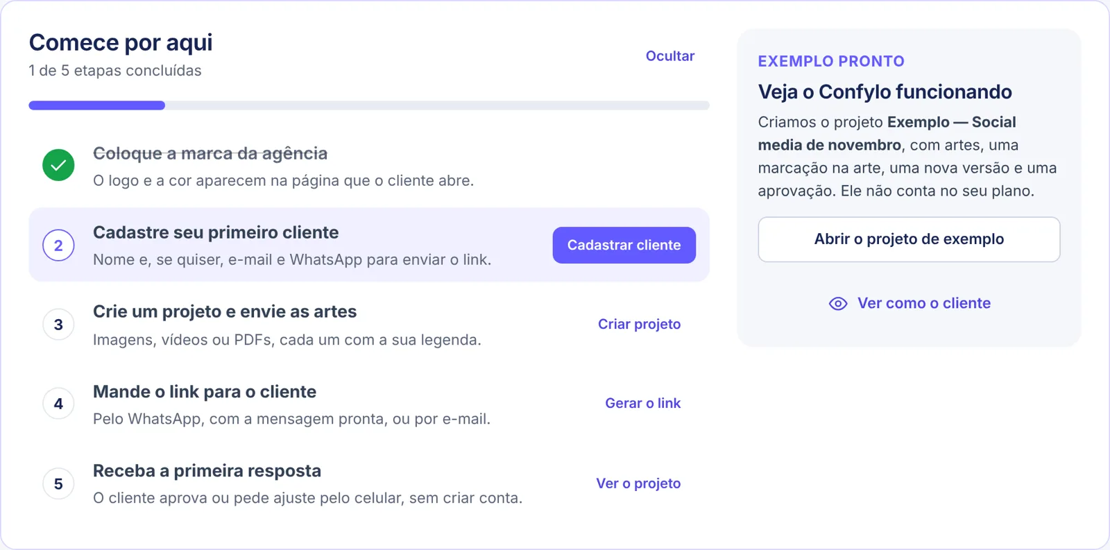 Quadro Comece por aqui, com as etapas e o projeto de exemplo ao lado.