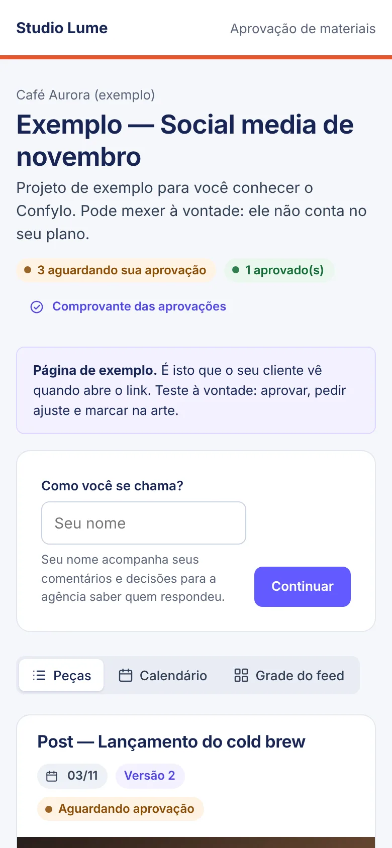 A página do cliente no projeto de exemplo.