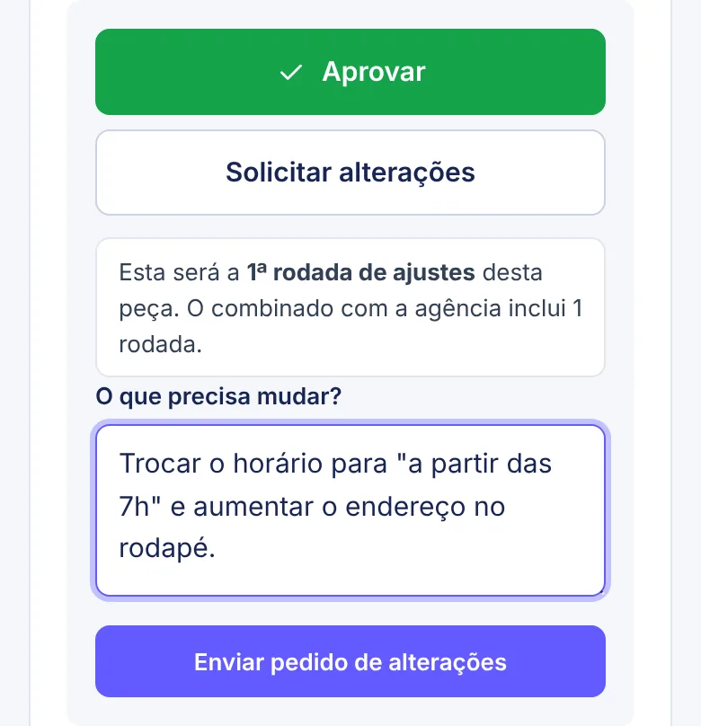 Pedido de alteração com a descrição do ajuste.