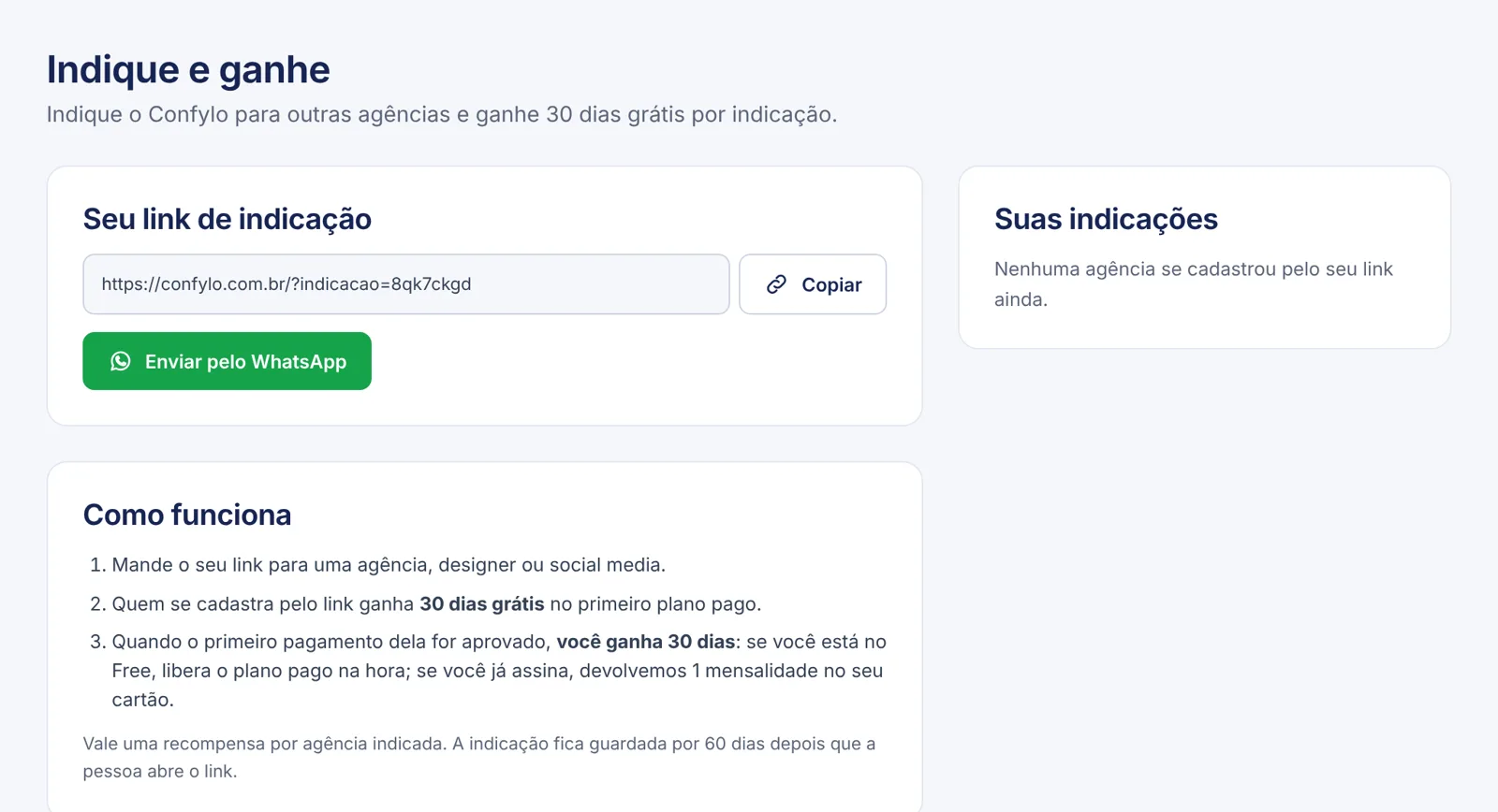 Página Indique e ganhe, com o link e as regras.