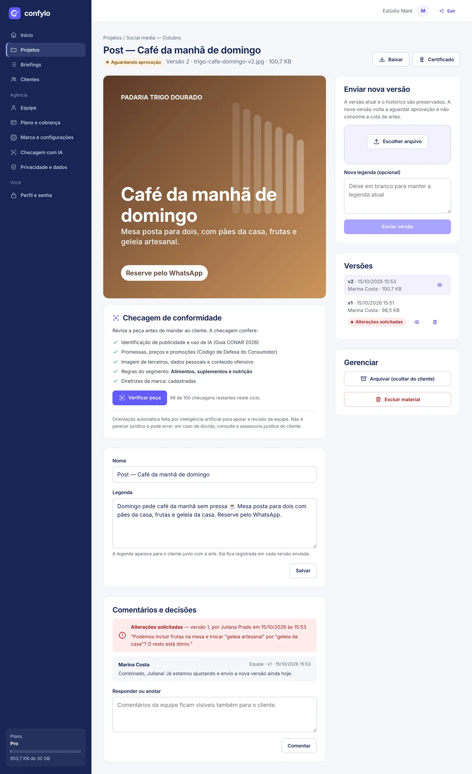 Material na versão 2, com a versão 1 e o pedido de alteração no histórico.