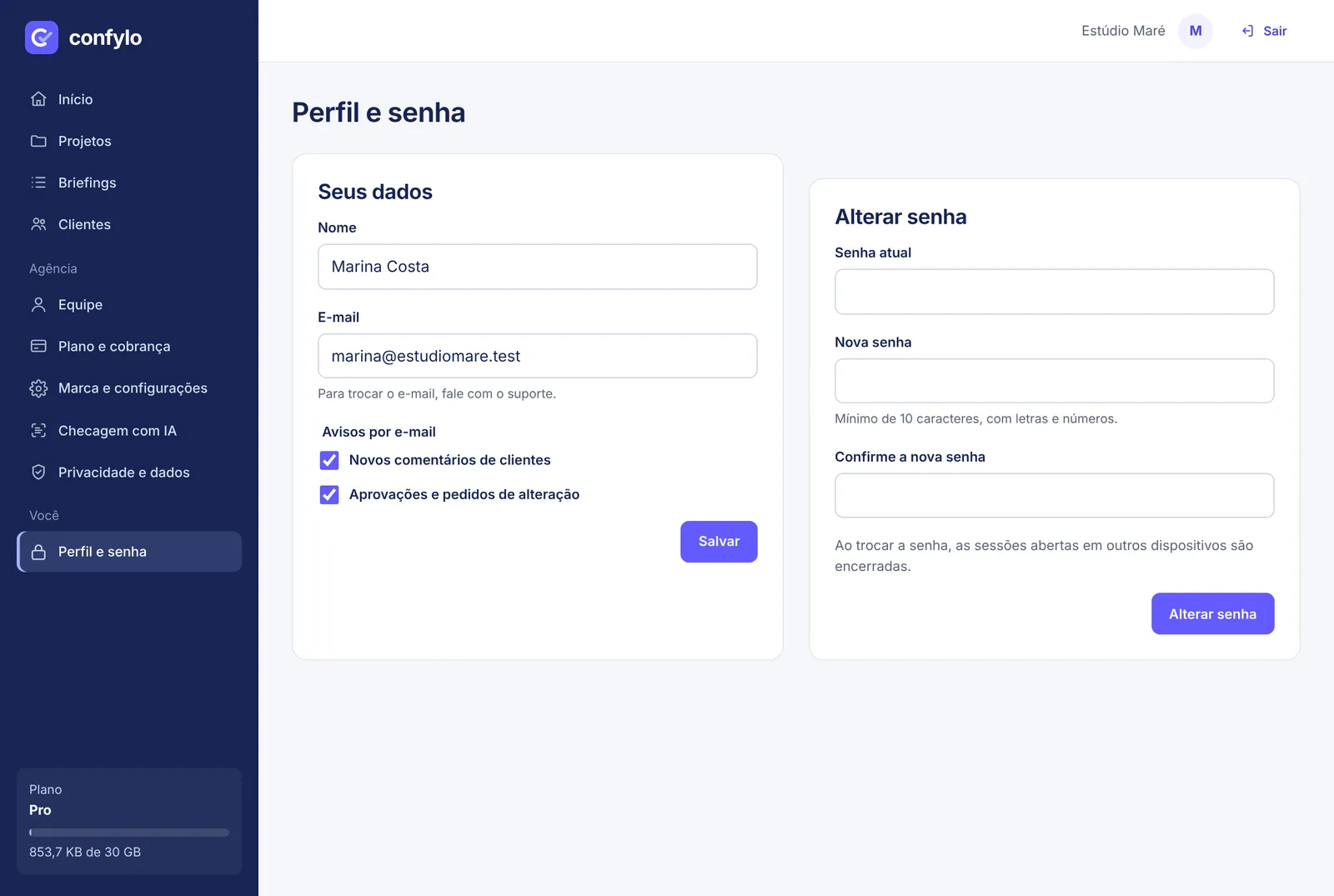 Perfil, notificações e troca de senha.