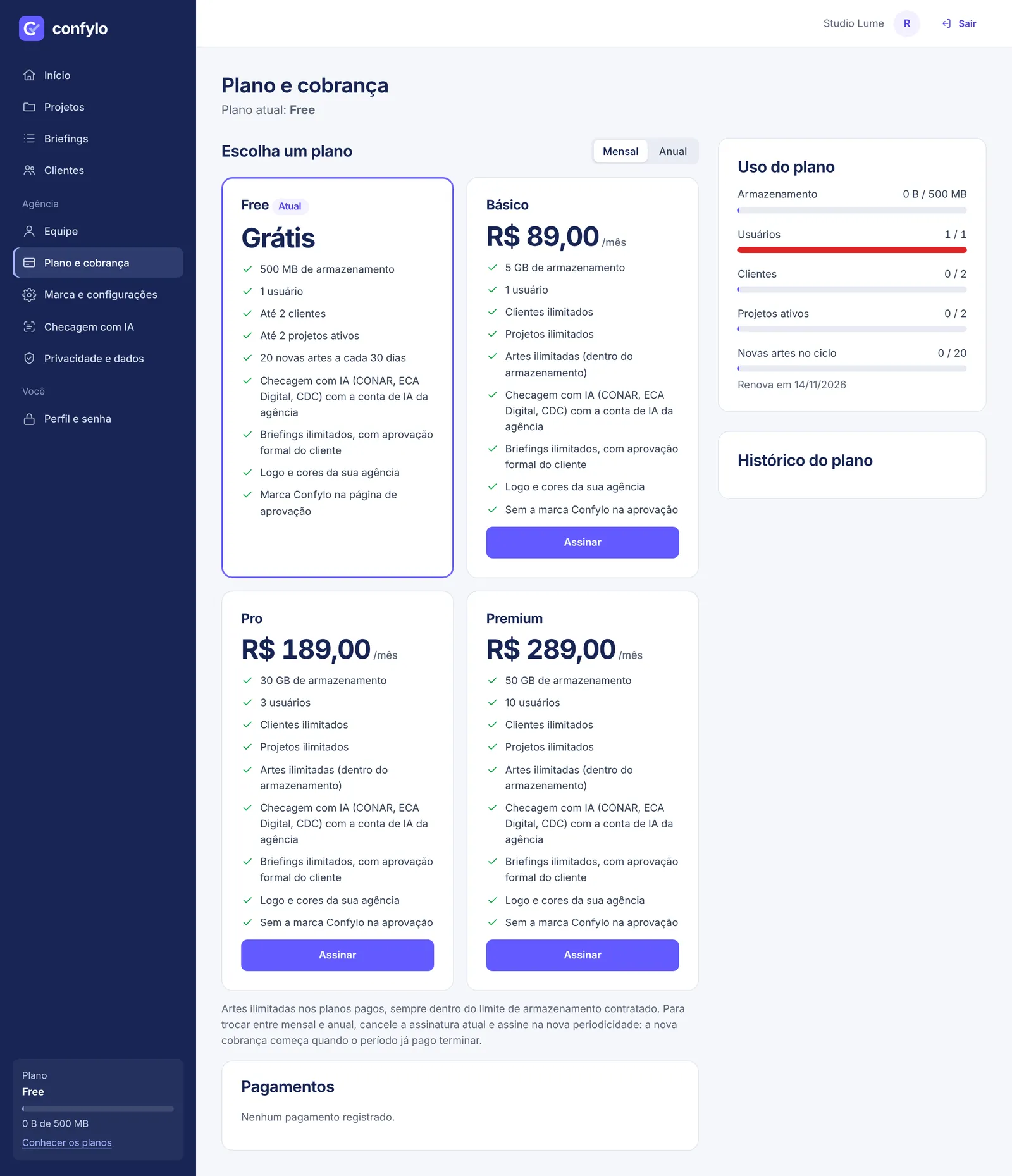 Plano e cobrança, com os planos disponíveis.