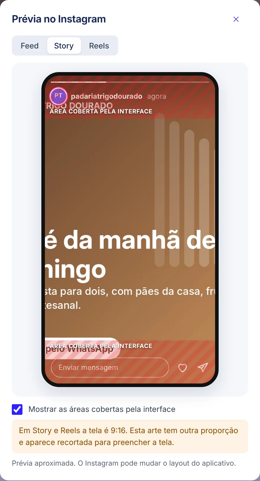 Prévia no Story com as áreas cobertas.