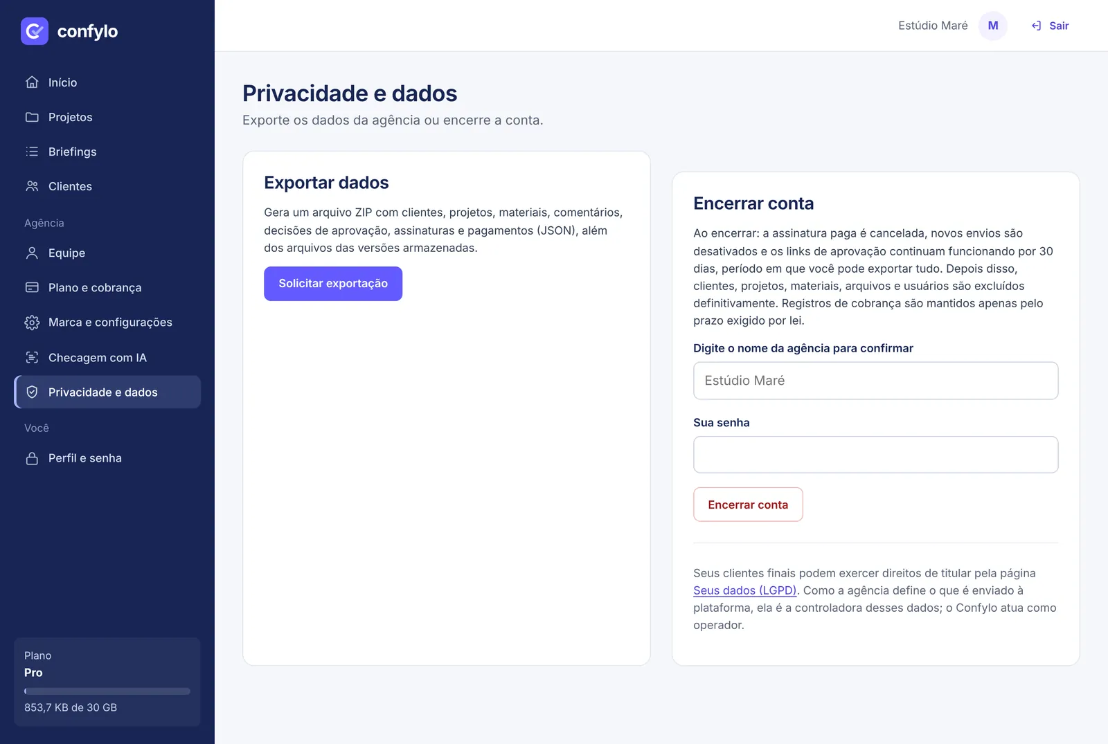 Privacidade e dados.