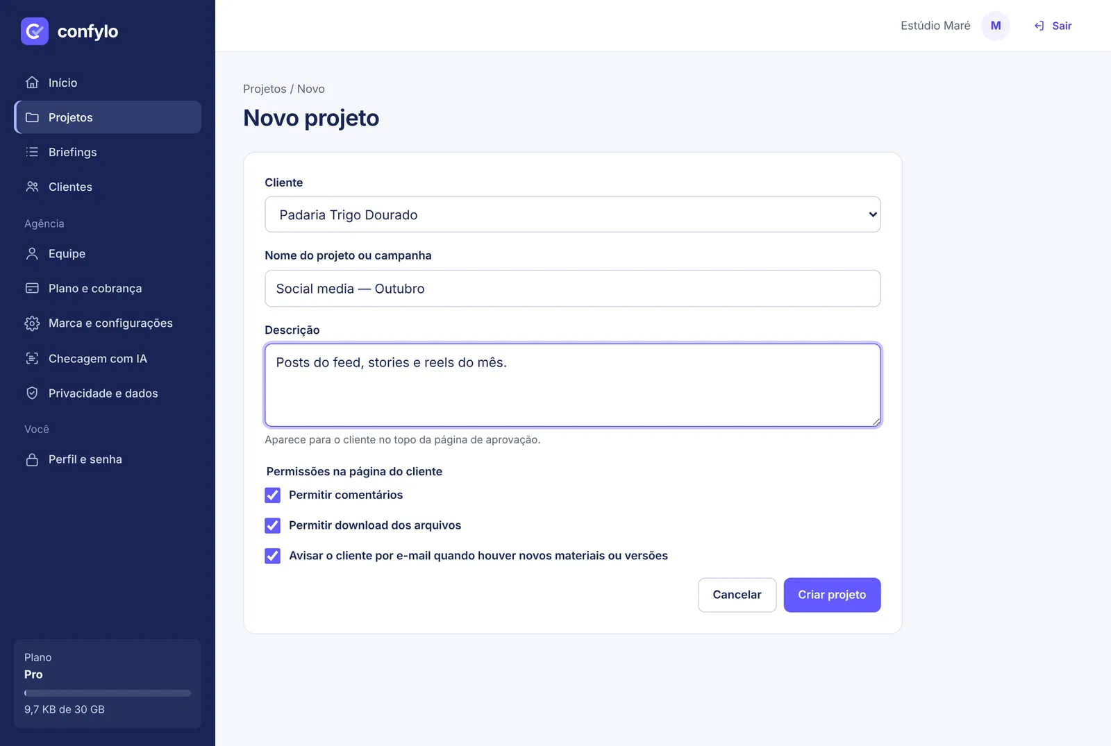 Novo projeto com as permissões do cliente.
