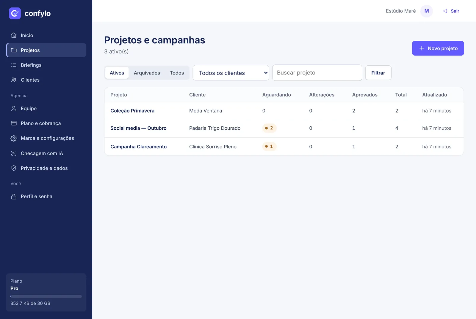 Lista de projetos, com o andamento de cada um.